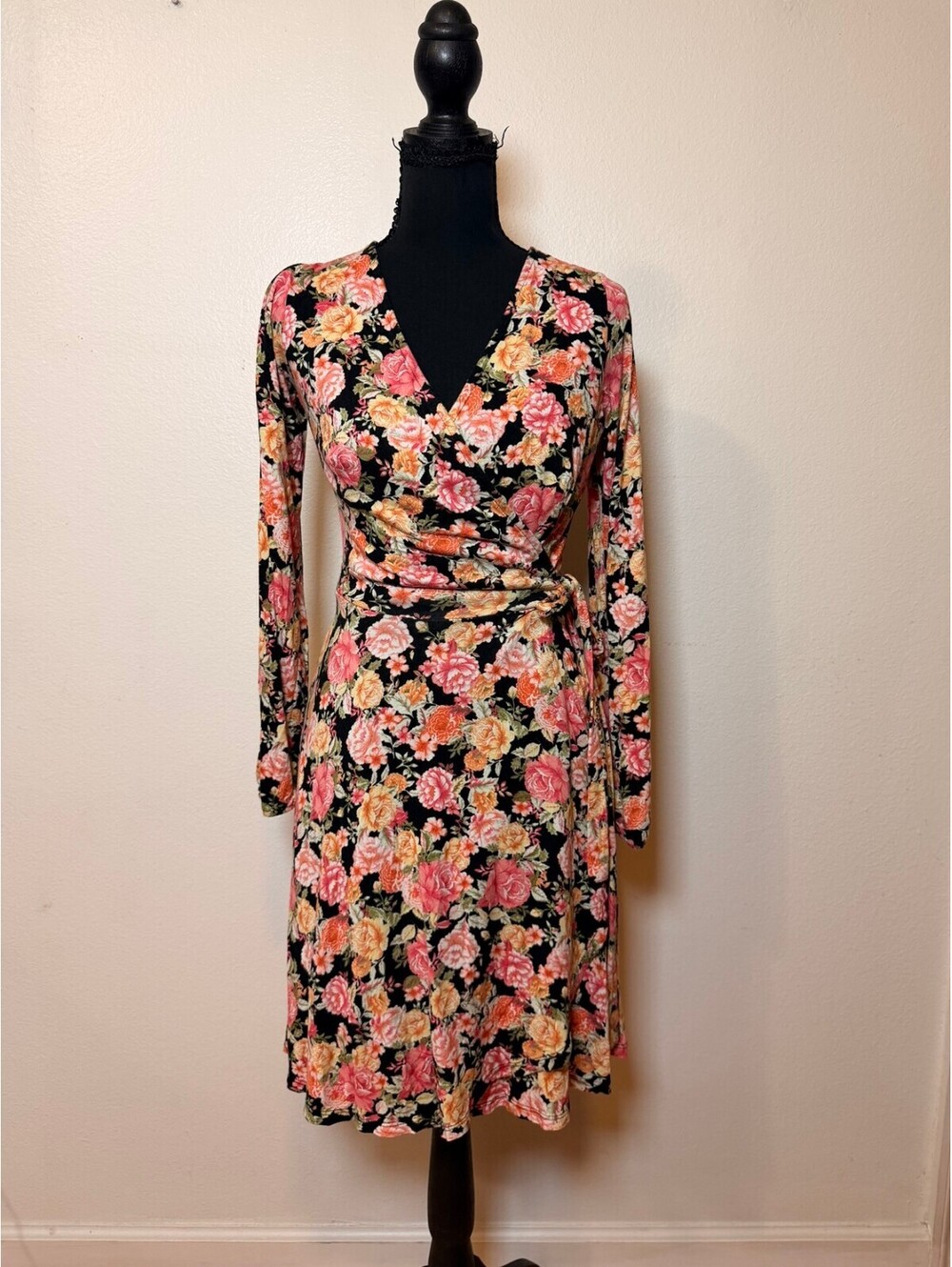 Bo Bel Black Floral Wrap Dress S Fall